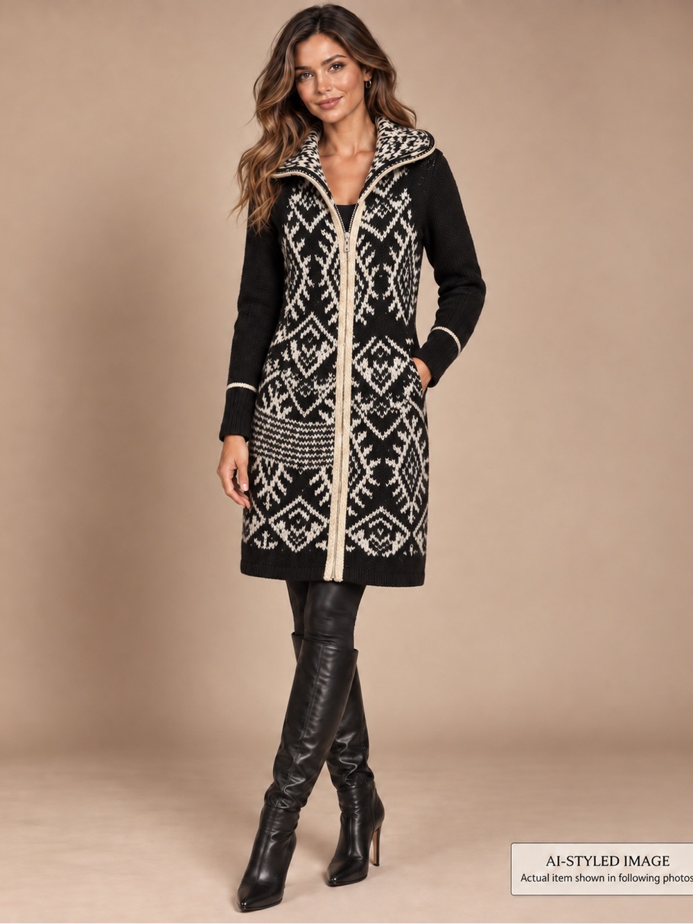 Venus Black Cream Fair Isle Long Zip Sweater Cardigan XS